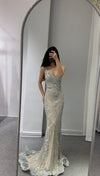 Beige Silver Full Embroidery Glitz Gown (XS)