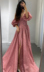 Sparkly Pink Puff Sleeve Gown (S)