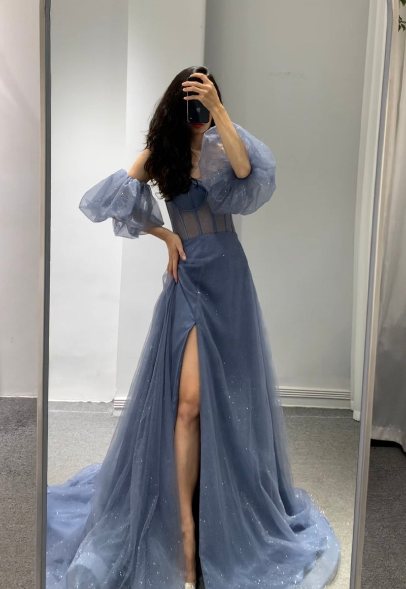 Blue Corpette Style Puff Sleeves Gown (S)