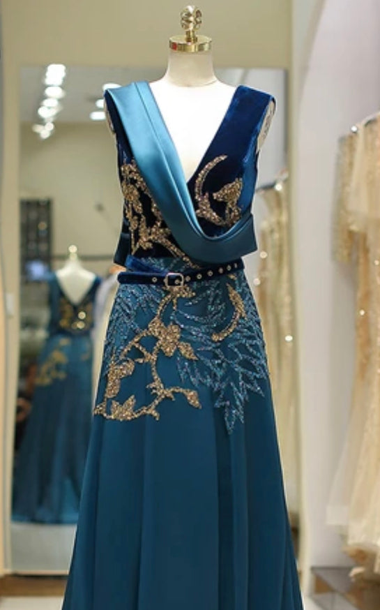 Blue V Neck Evening Dress (L)