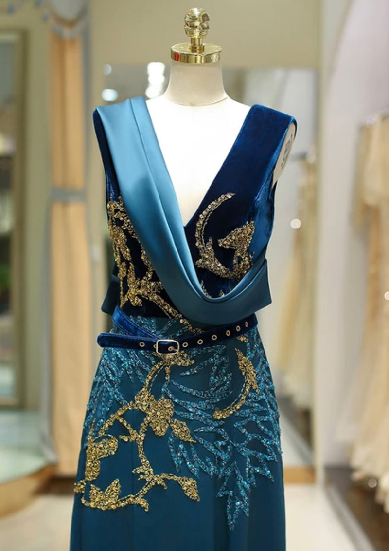 Blue V Neck Evening Dress (L)