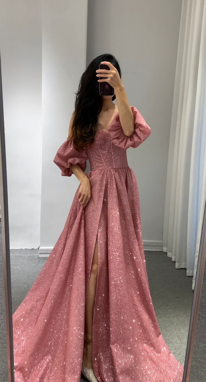 Sparkly Pink Puff Sleeve Gown (S)