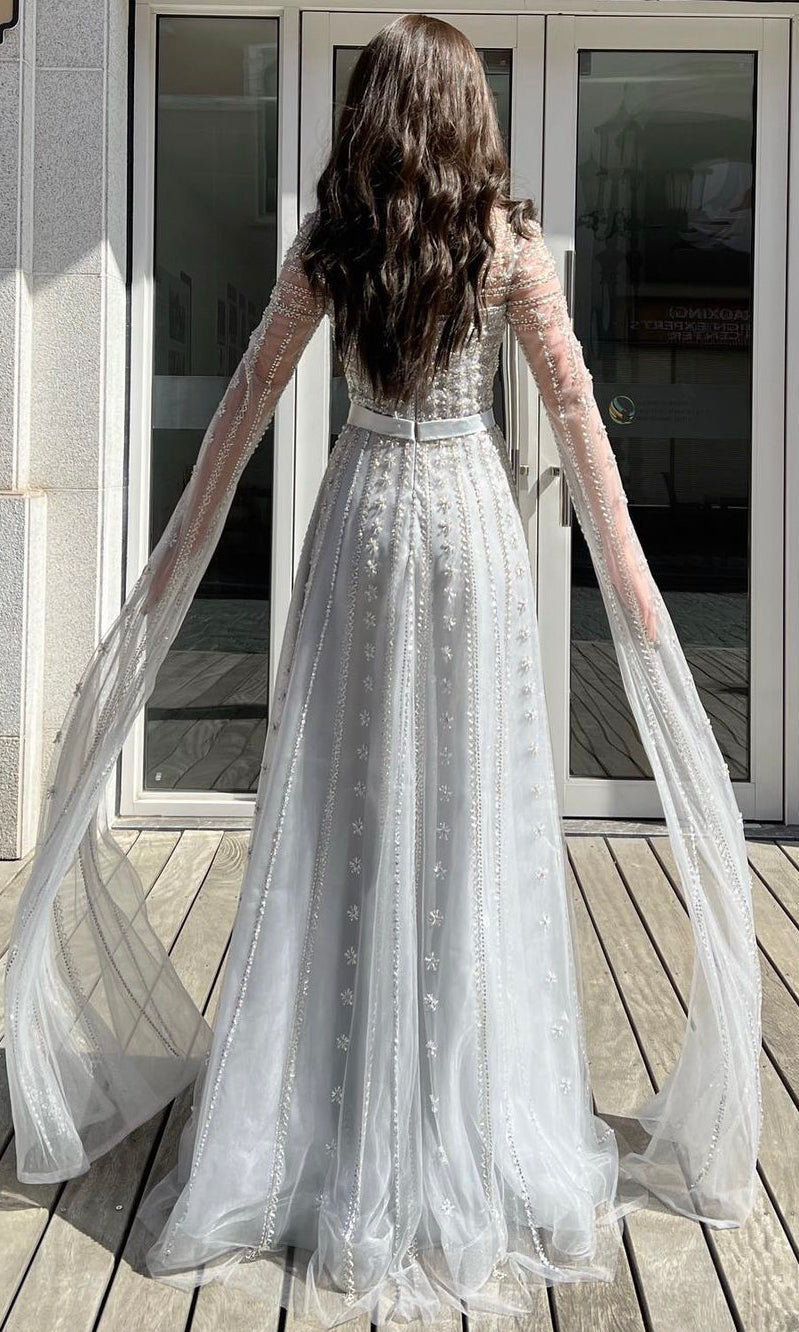 Silver Flowing Embroidered Gown (L)