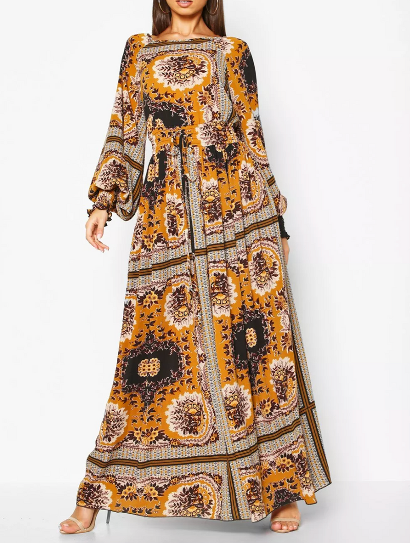 Printed Balloon Sleeve Maxi Brown (M)