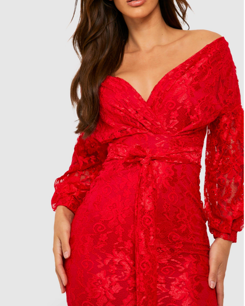 Red Lace Off Shoulder Midi (M)