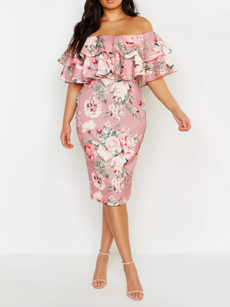 Plus Off Shoulder Pink Floral Ruffle Midi (XL)