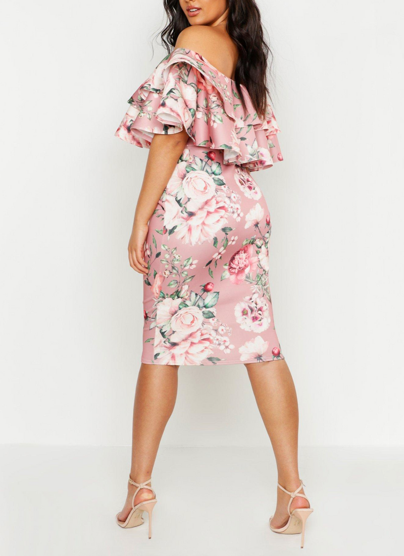 Plus Off Shoulder Pink Floral Ruffle Midi (XL)