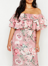 Plus Off Shoulder Pink Floral Ruffle Midi (XL)