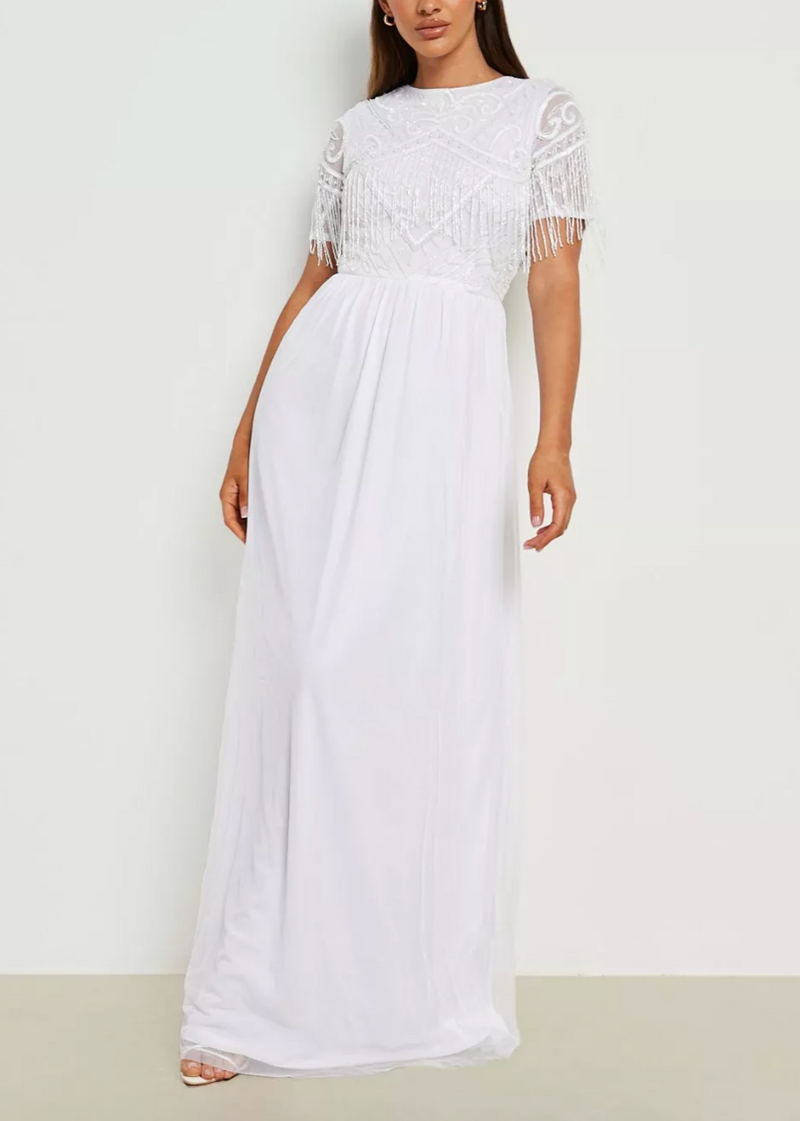 Sequin Fringe White Maxi Dress (M/L)