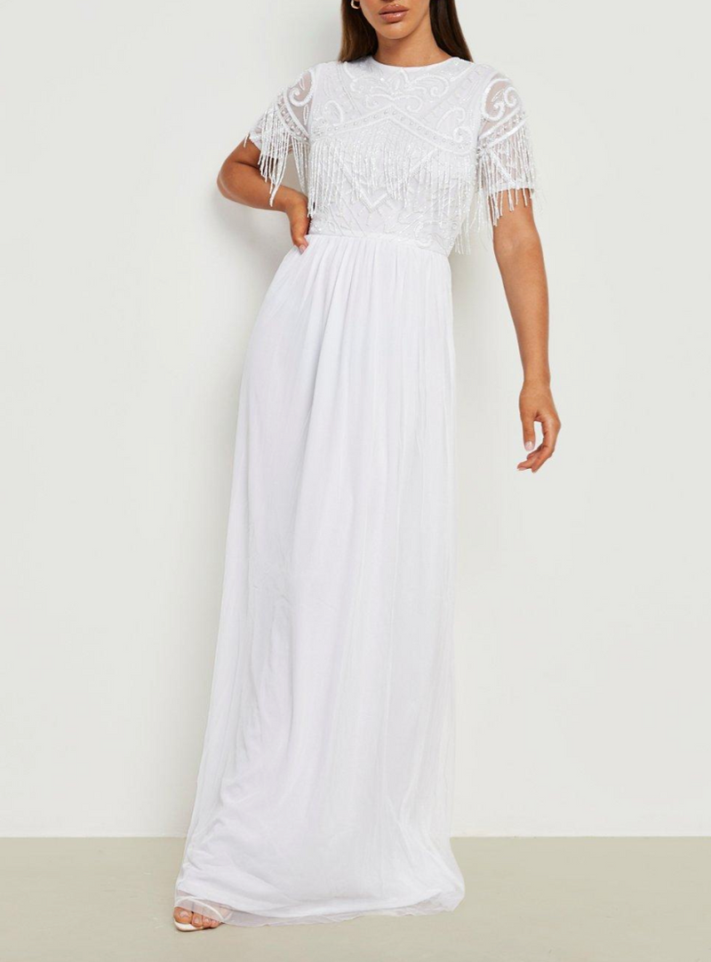 Sequin Fringe White Maxi Dress (M/L)