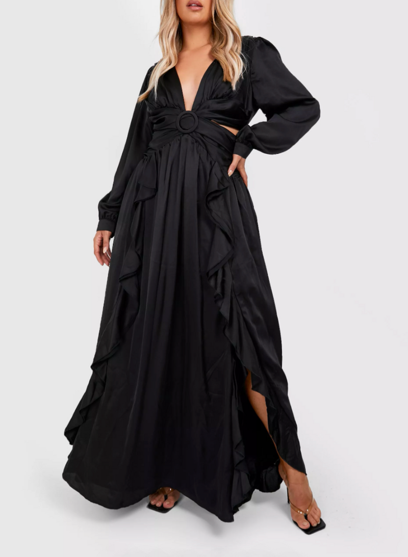 Plus Long Sleeve Ruffle Maxi Black (XL)