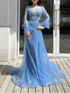 Feather Sleeves Embroidered Blue Maxi (L)