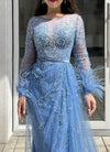 Feather Sleeves Embroidered Blue Maxi (L)